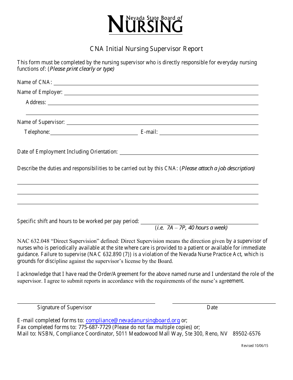 Cna Initial Nursing Supervisor Report Form - Nevada, Page 1
