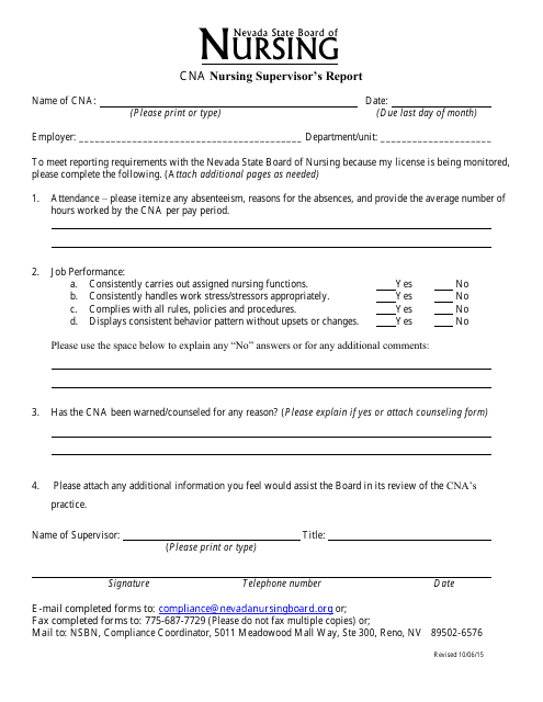Cna Nursing Supervisor's Report Form - Nevada Download Pdf