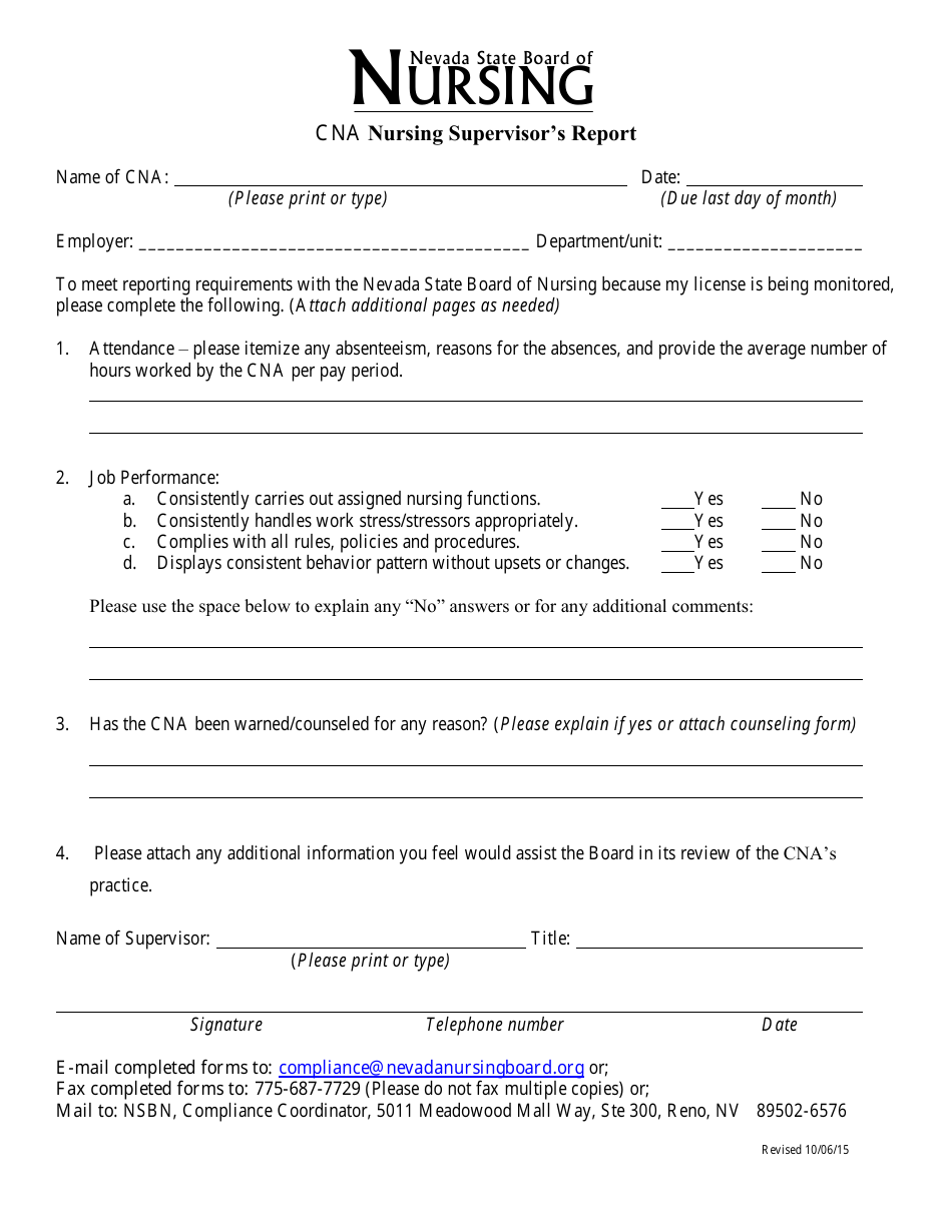 Cna Nursing Supervisor's Report Form - Nevada, Page 1
