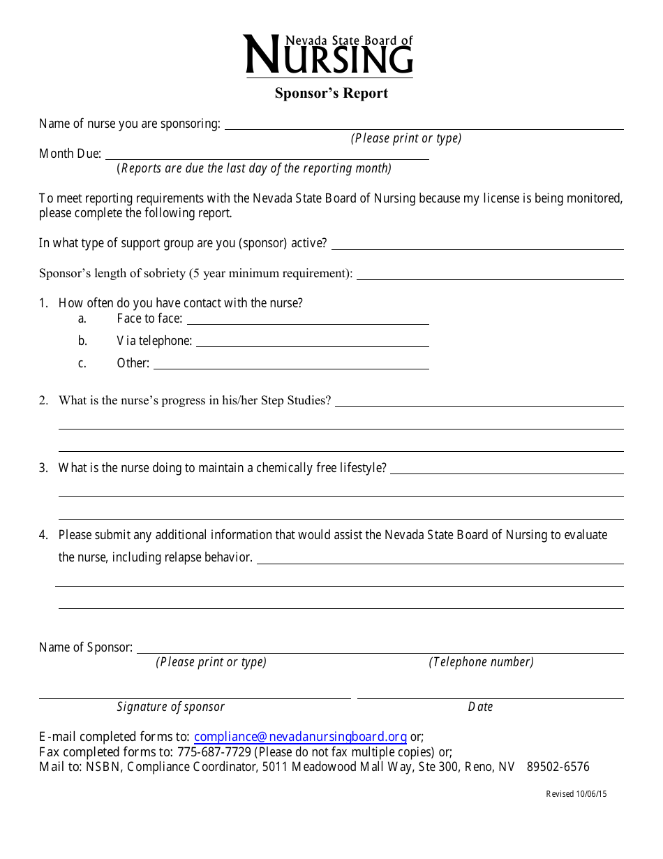 Sponsors Report Form - Nevada, Page 1