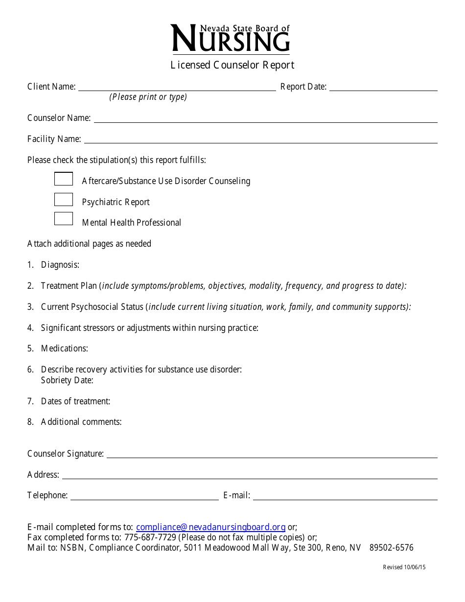 Licensed Counselor Report Form - Nevada, Page 1