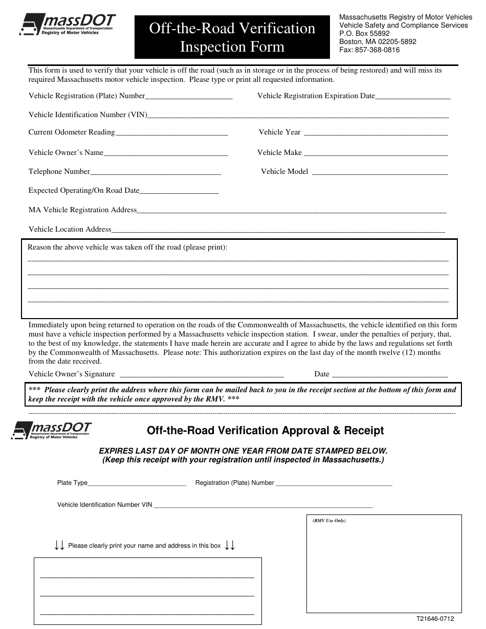 Form T21646-0712 Off-The-Road Verification Inspection Form - Massachusetts, Page 1