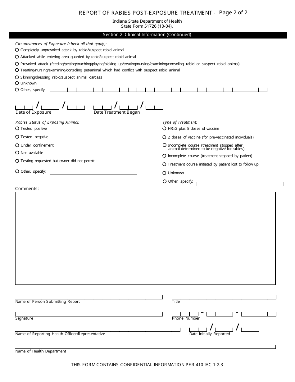 State Form 51726 Report of Rabies Post-exposure Treatment - Indiana, Page 2