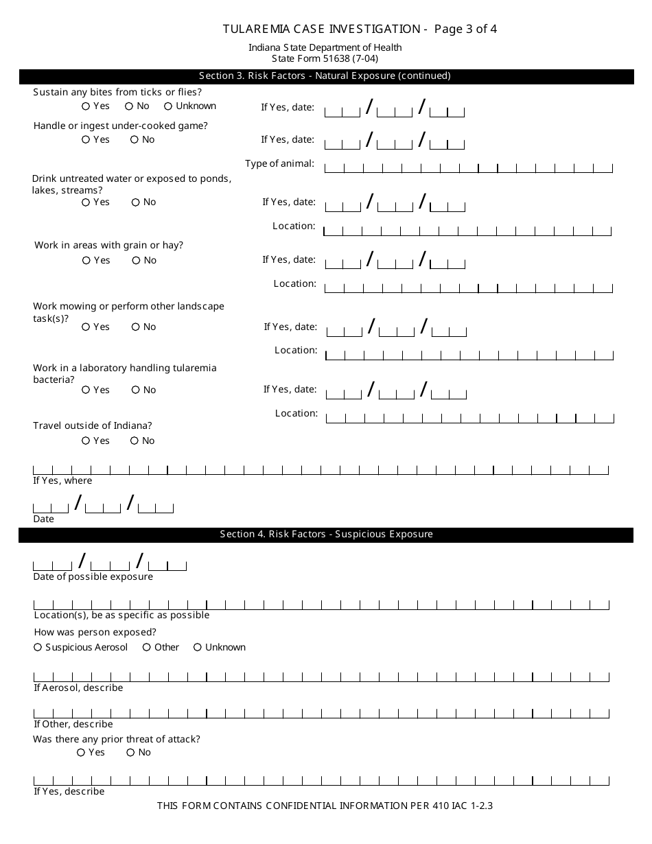 State Form 51638 Tularemia Case Investigation - Indiana, Page 3