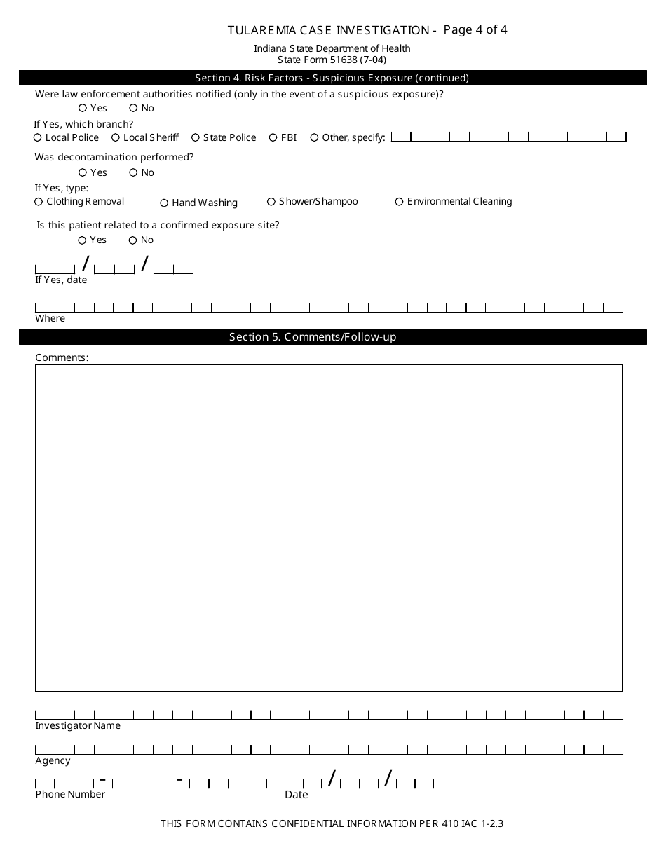 State Form 51638 Tularemia Case Investigation - Indiana, Page 4