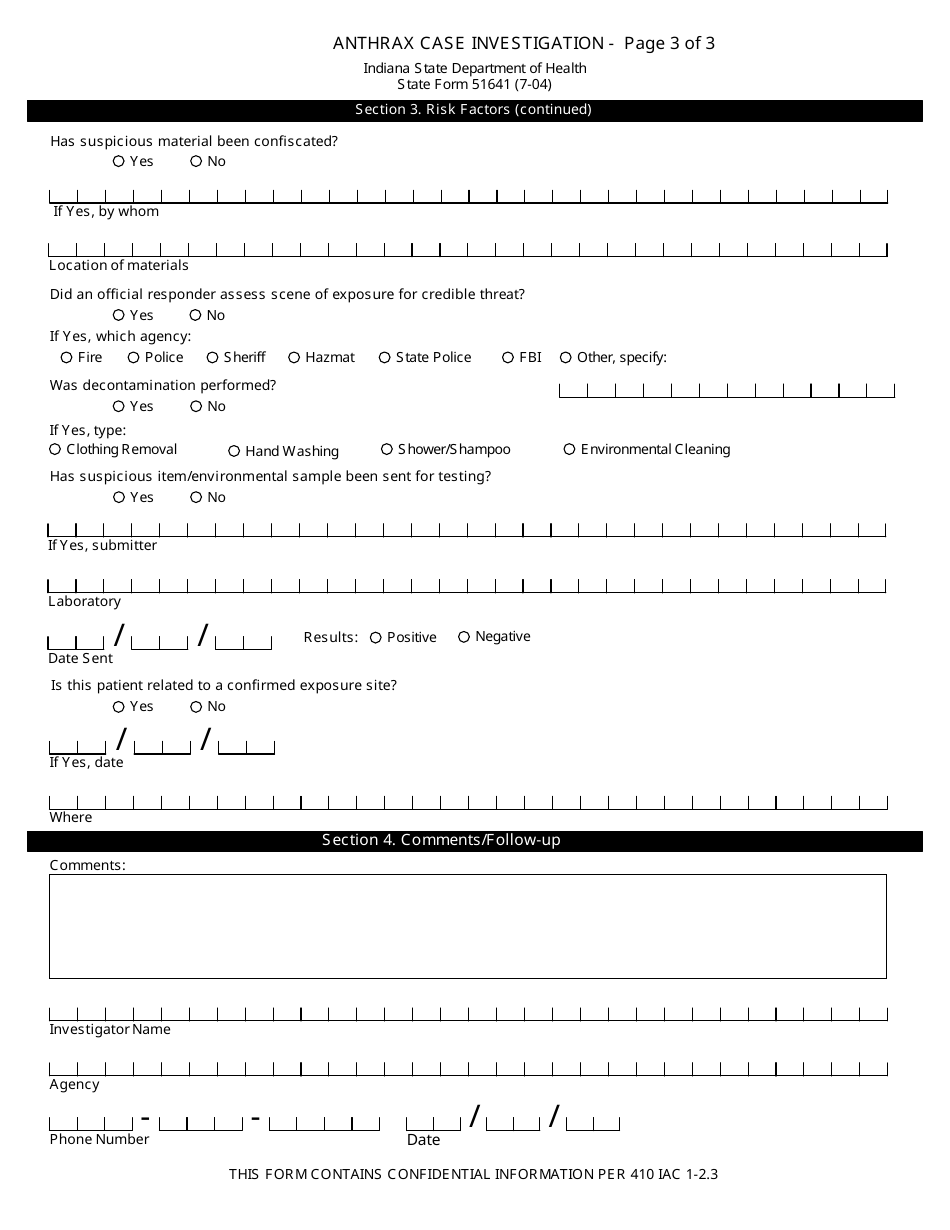 State Form 51641 Anthrax Case Investigation - Indiana, Page 3