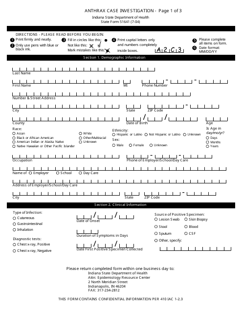 State Form 51641 Anthrax Case Investigation - Indiana