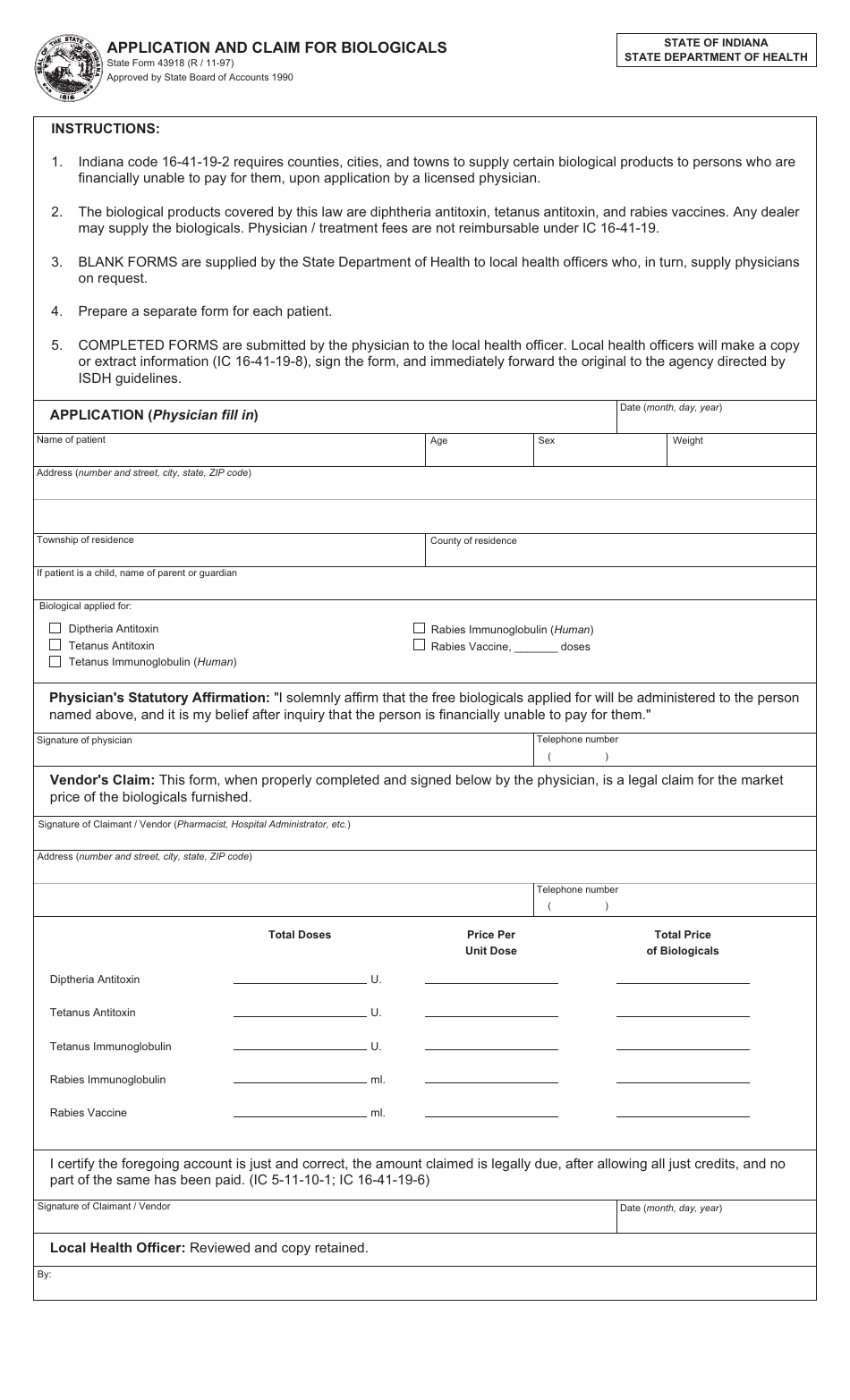State Form 43918 Application and Claim for Biologicals - Indiana, Page 1