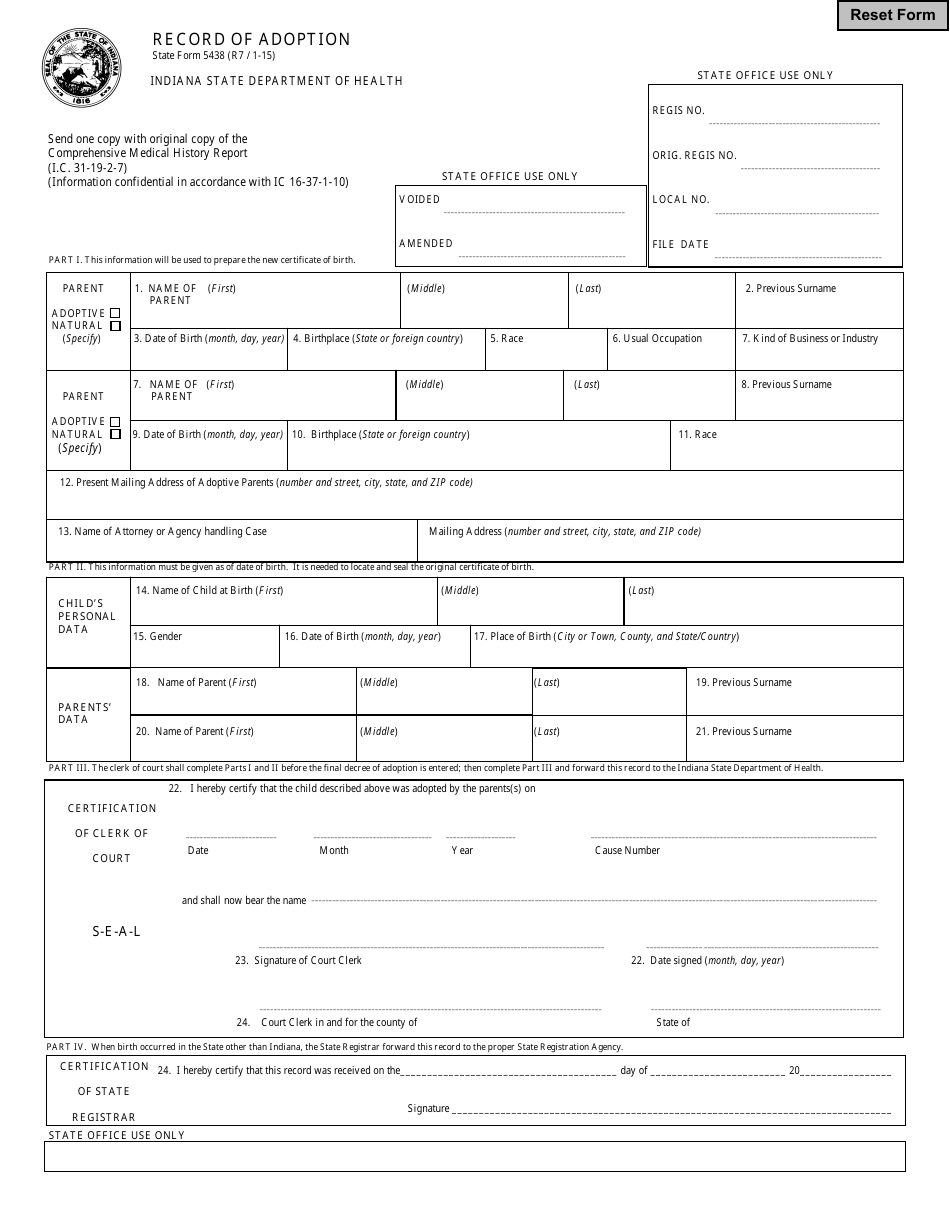 State Form 5438 Record of Adoption - Indiana, Page 1