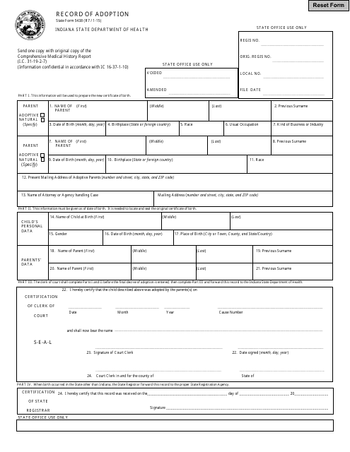 State Form 5438 Record of Adoption - Indiana