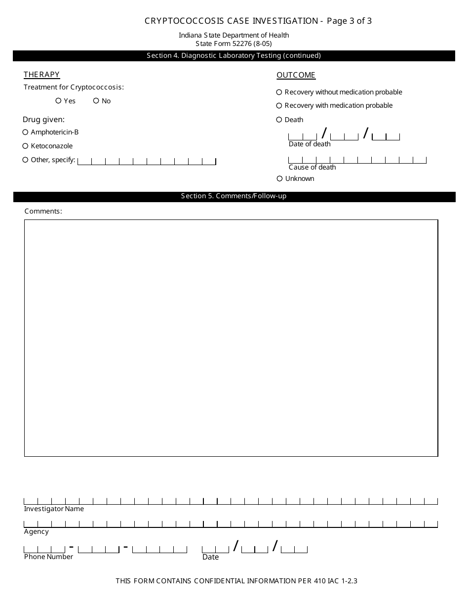 State Form 52276 Cryptococcosis Case Investigation - Indiana, Page 3