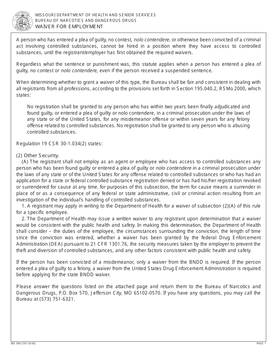 Form MO-580-2767 Waiver for Employment - Missouri, Page 1