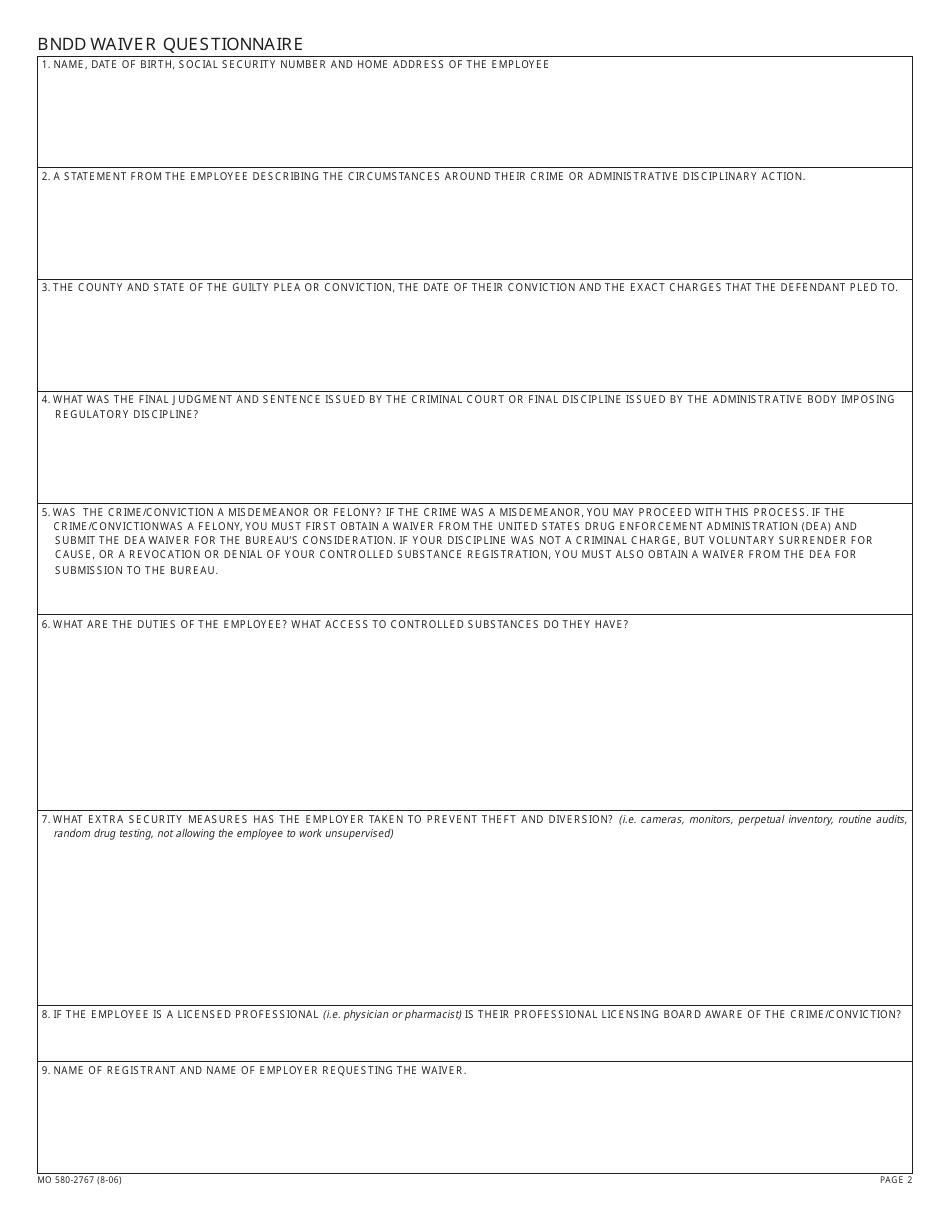 Form MO-580-2767 Waiver for Employment - Missouri, Page 2