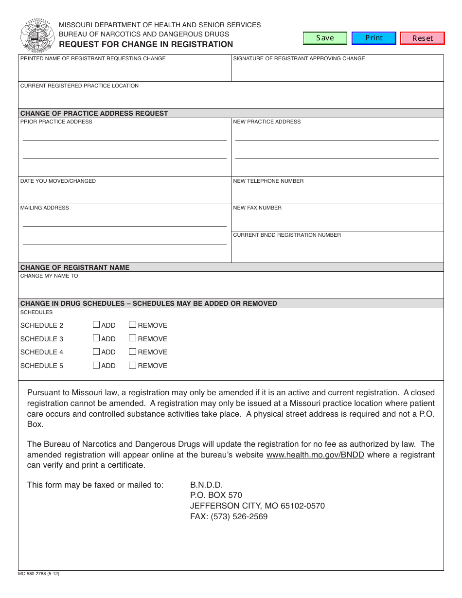 Form MO-580-2768 Request for Change in Registration - Missouri, Page 1