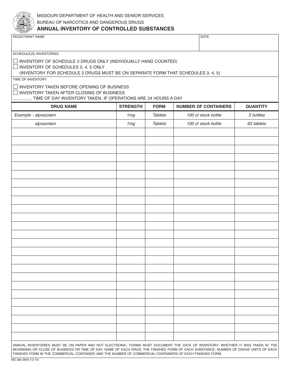 Form MO-580-2849 Annual Inventory of Controlled Substances - Missouri, Page 1