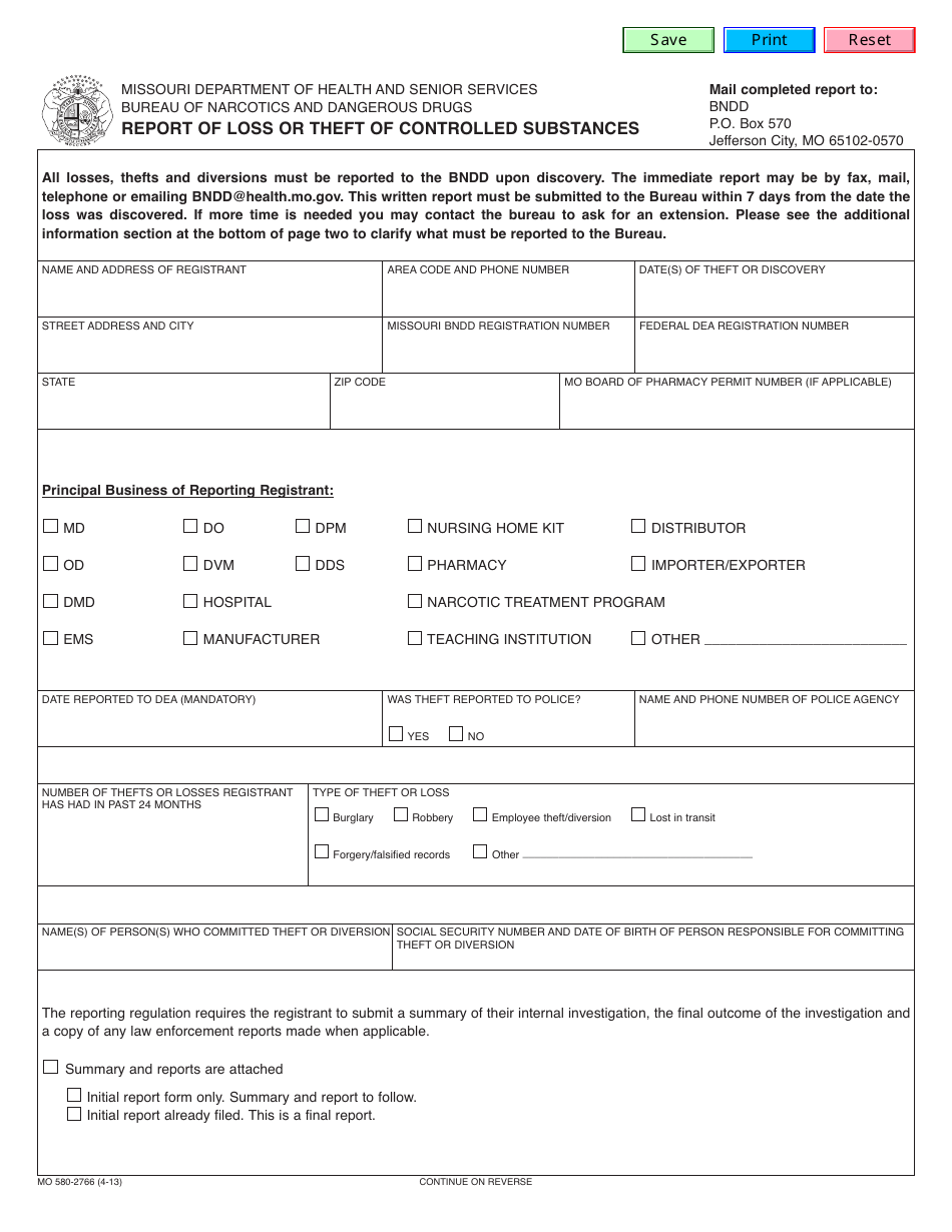 Form MO-580-2766 Report of Loss or Theft of Controlled Substances - Missouri, Page 1