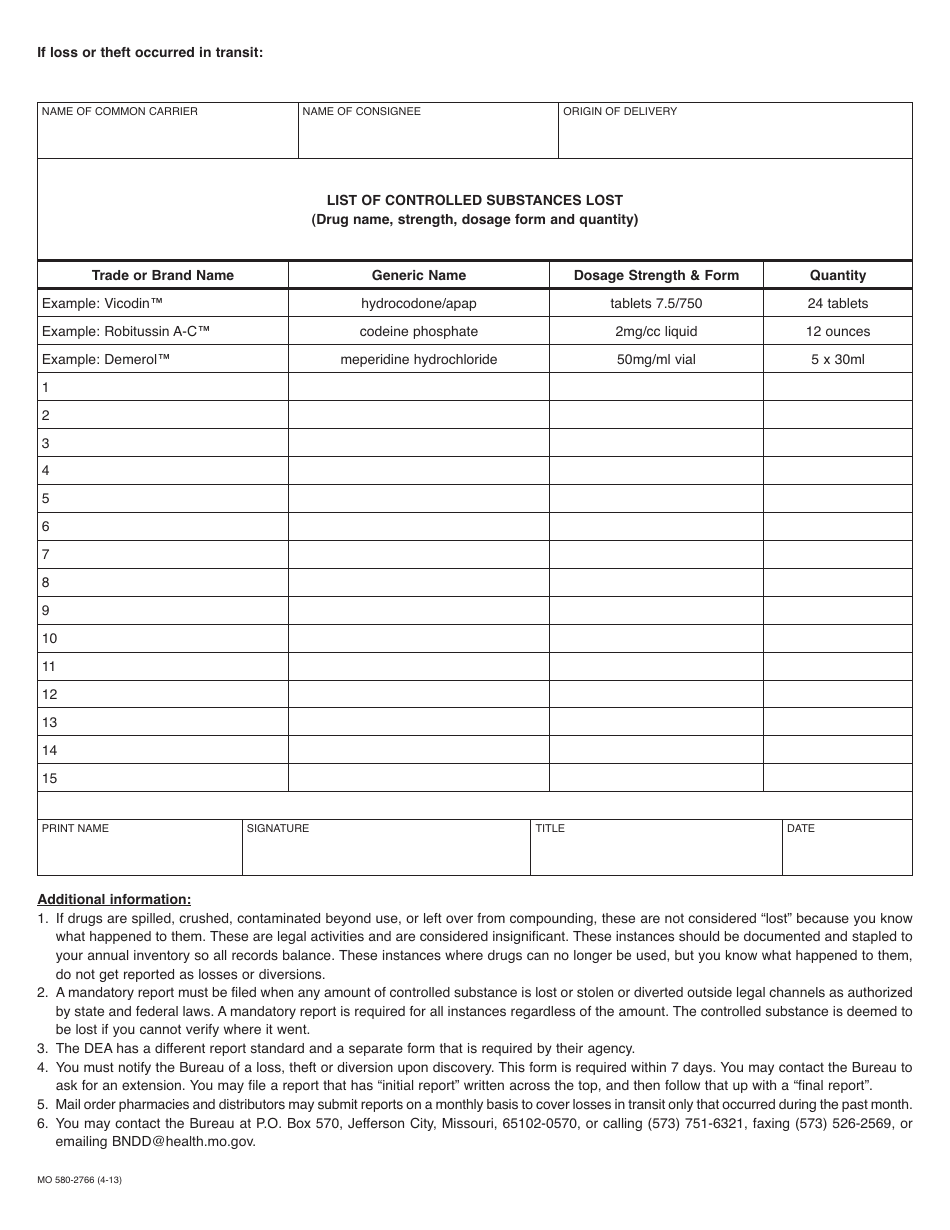 Form MO-580-2766 Report of Loss or Theft of Controlled Substances - Missouri, Page 2