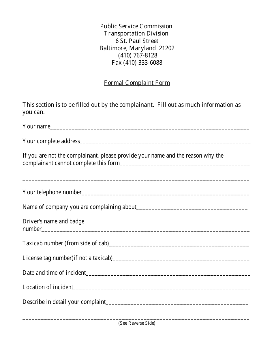 Formal Complaint Form - Maryland, Page 1