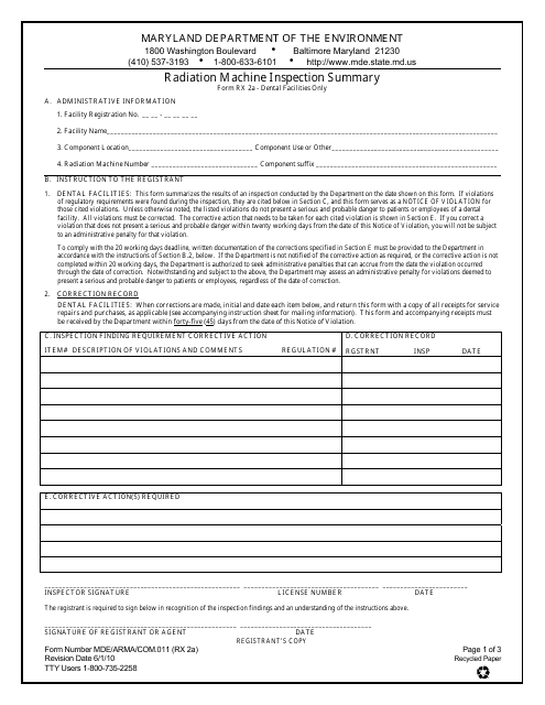 Form MDE/ARMA/COM.011 (MDE RX2A)  Printable Pdf