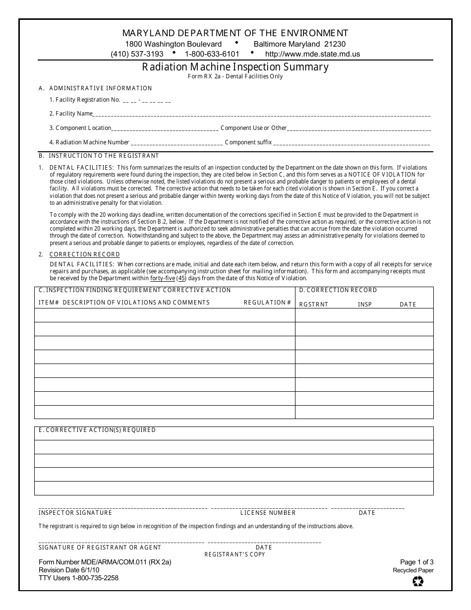 Form MDE / ARMA / COM.011 (MDE RX2A) Radiation Machine Inspection Summary - Dental Facilities - Maryland, Page 1