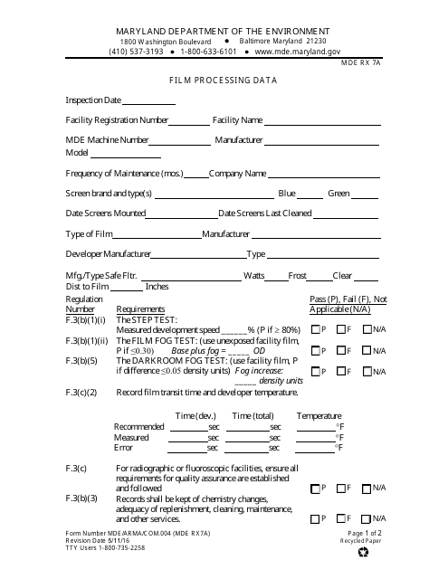 Form MDE/ARMA/COM.004 (MDE RX7A) Film Processing Data - Maryland