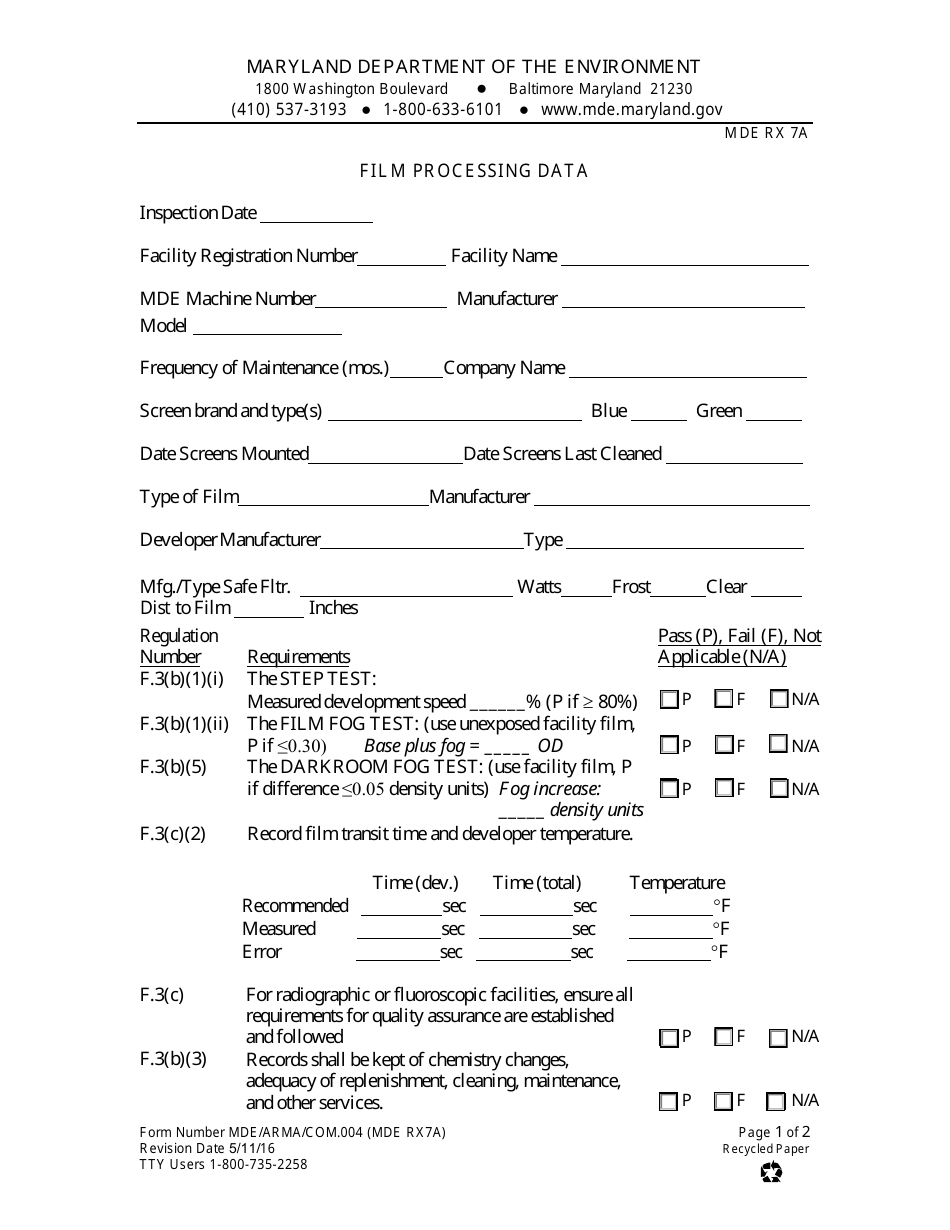 Form MDE / ARMA / COM.004 (MDE RX7A) Film Processing Data - Maryland, Page 1