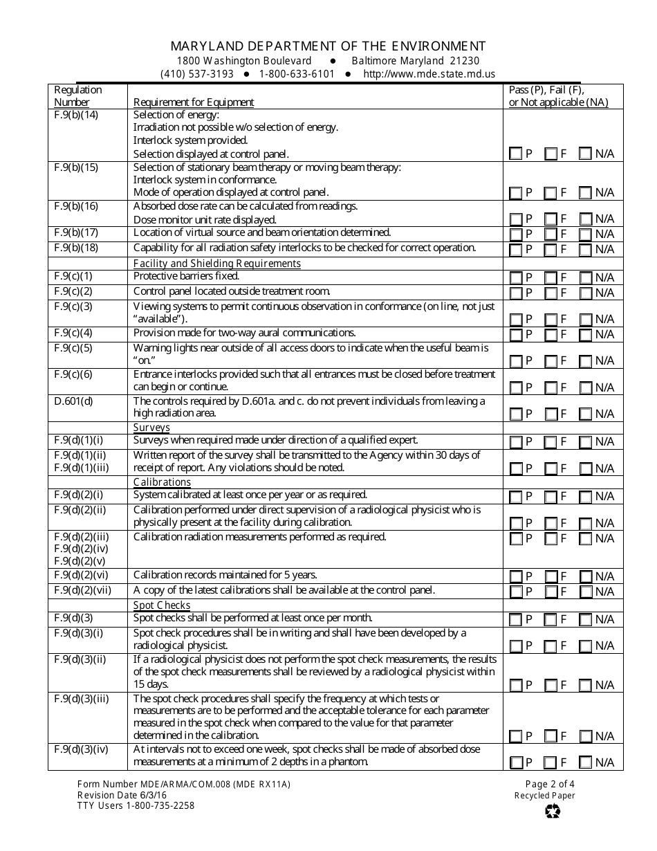 Form MDE RX11A (MDE / ARMA / COM.008) Machine Data Therapeutic - 1 Mev or Greater - Maryland, Page 2