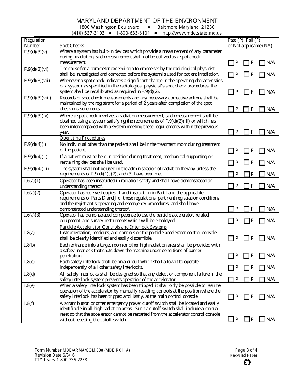 Form MDE RX11A (MDE / ARMA / COM.008) Machine Data Therapeutic - 1 Mev or Greater - Maryland, Page 3