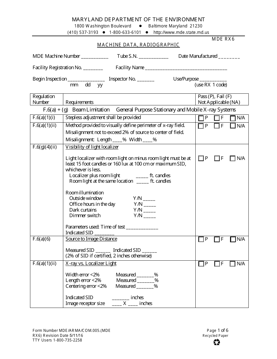 Form MDE RX6 (MDE / ARMA / COM.005) Machine Data - Radiographic - Maryland, Page 1