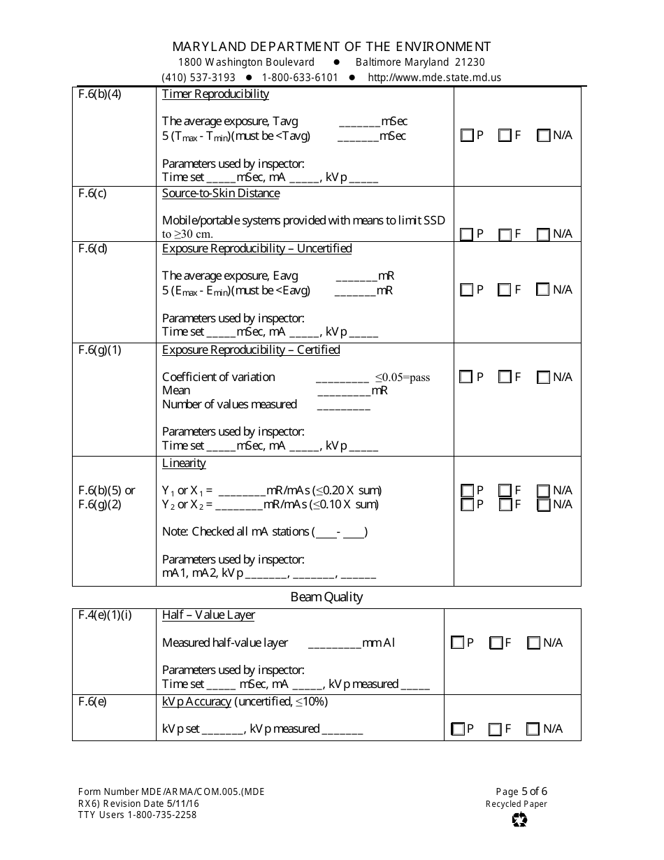 Form MDE RX6 (MDE / ARMA / COM.005) Machine Data - Radiographic - Maryland, Page 5