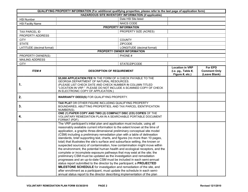 Voluntary Investigation and Remediation Plan Application Form and Checklist - Georgia (United States), Page 2