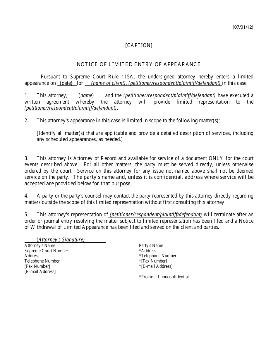 Notice of Limited Entry of Appearance - Kansas, Page 1