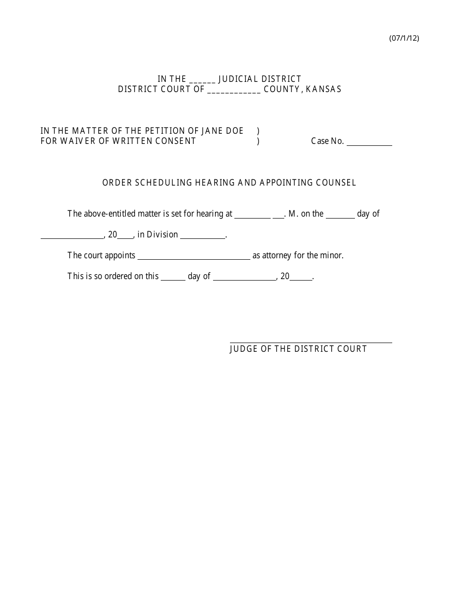 Kansas Order Scheduling Hearing and Appointing Counsel Download