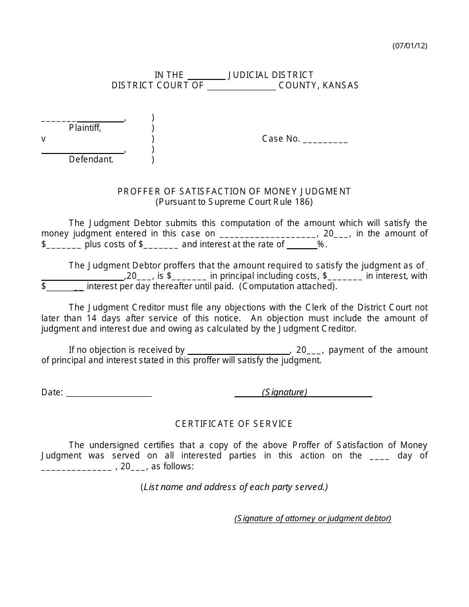 Proffer of Satisfaction of Money Judgment Form (Pursuant to Supreme Court Rule 186) - Kansas, Page 1