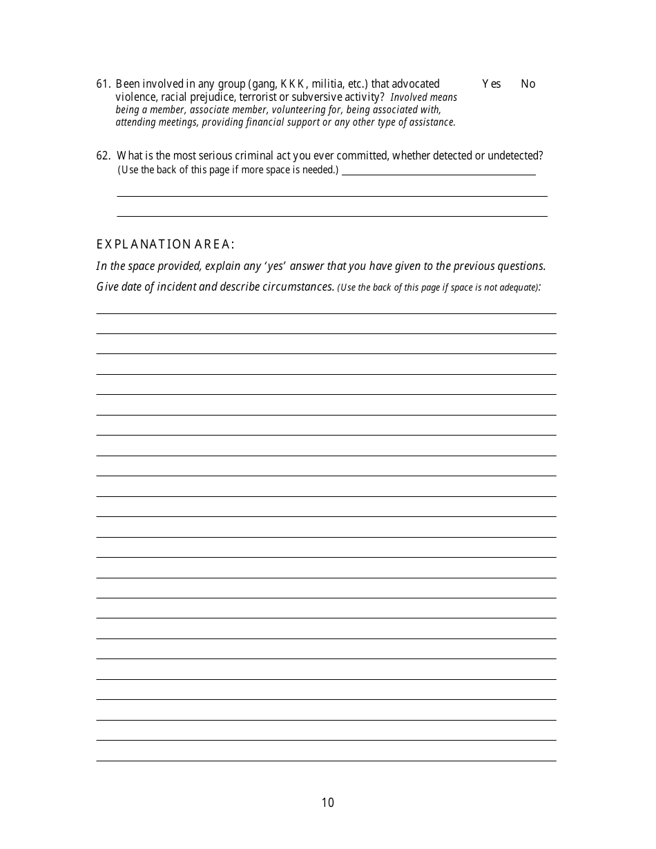 KLEC Form I-2 Pre-employment Polygraph Questionnaire - Kentucky, Page 10