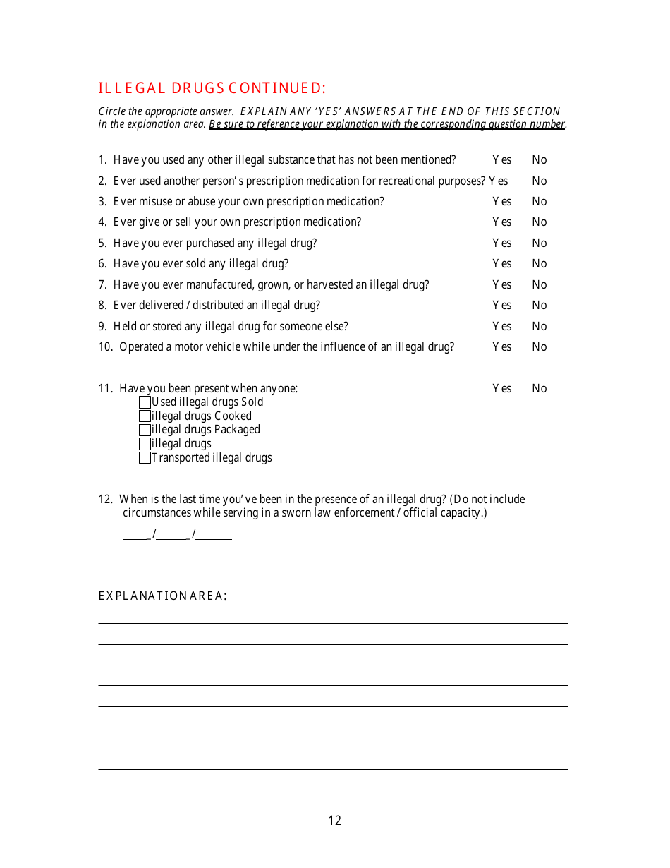 KLEC Form I-2 Pre-employment Polygraph Questionnaire - Kentucky, Page 12