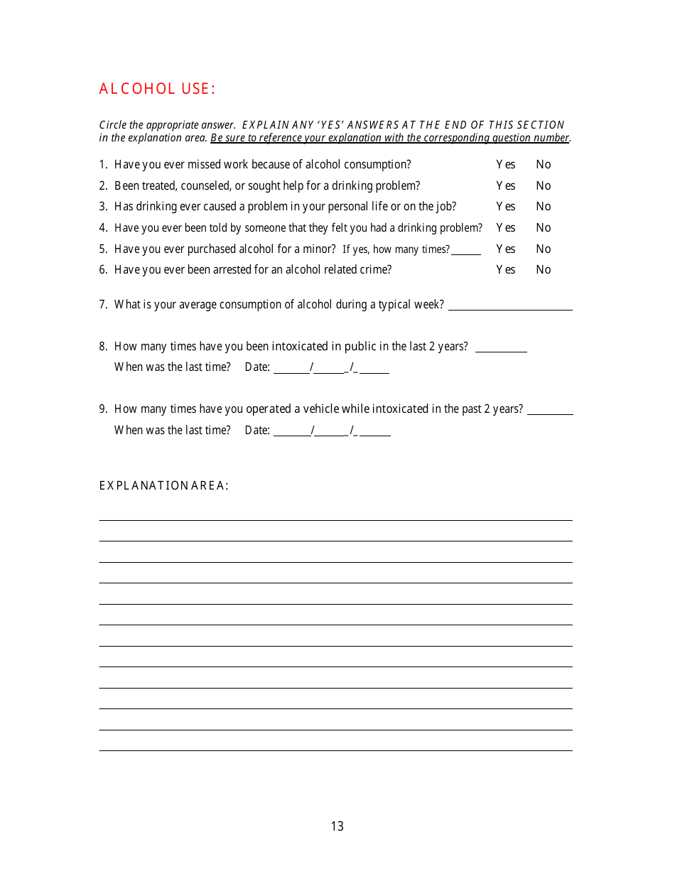 KLEC Form I-2 Pre-employment Polygraph Questionnaire - Kentucky, Page 13