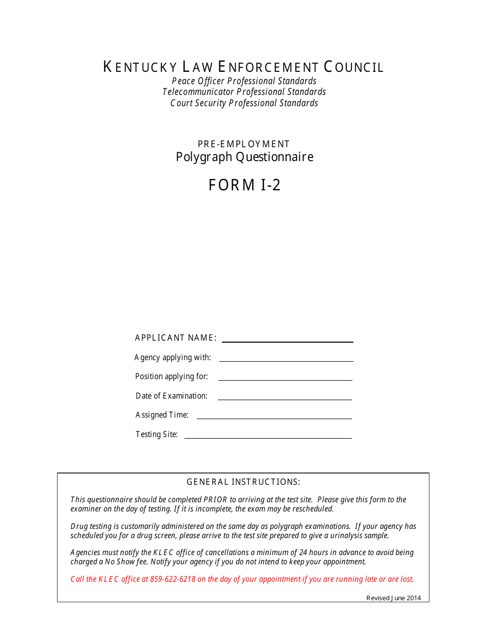 KLEC Form I-2 Pre-employment Polygraph Questionnaire - Kentucky, Page 1