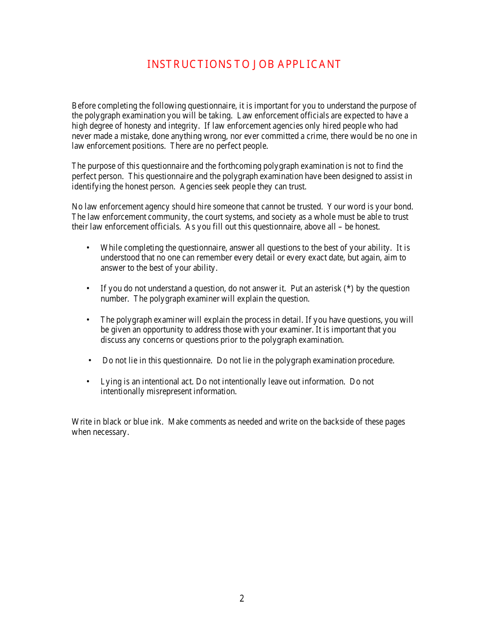 KLEC Form I-2 Pre-employment Polygraph Questionnaire - Kentucky, Page 2