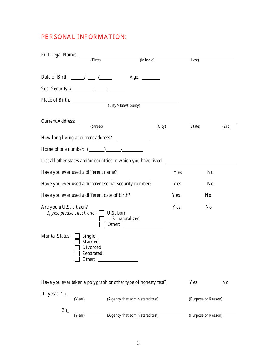 KLEC Form I-2 Pre-employment Polygraph Questionnaire - Kentucky, Page 3