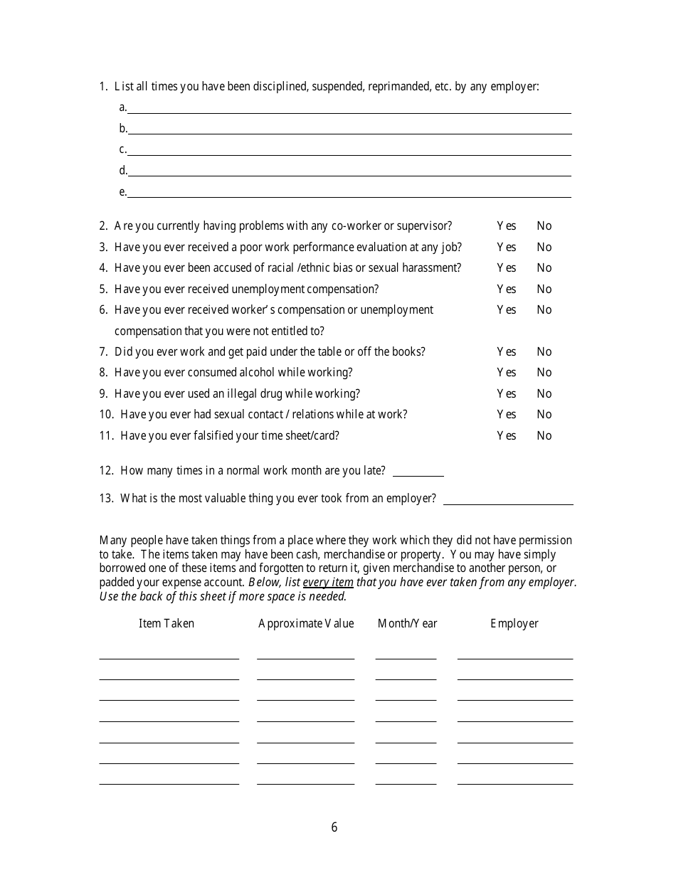 KLEC Form I-2 Pre-employment Polygraph Questionnaire - Kentucky, Page 6