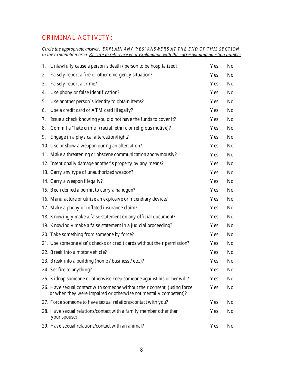 KLEC Form I-2 Pre-employment Polygraph Questionnaire - Kentucky, Page 8
