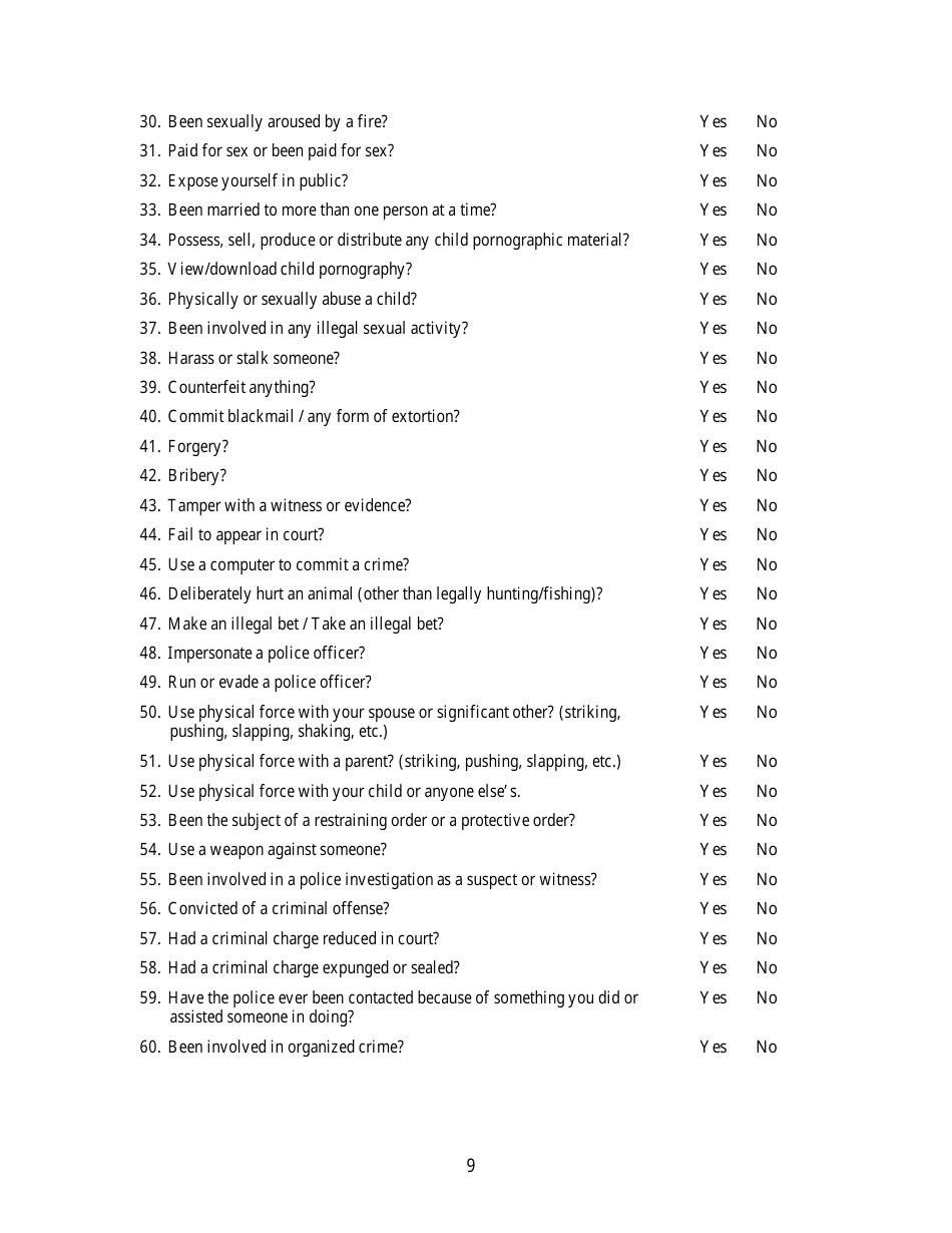 KLEC Form I-2 Pre-employment Polygraph Questionnaire - Kentucky, Page 9