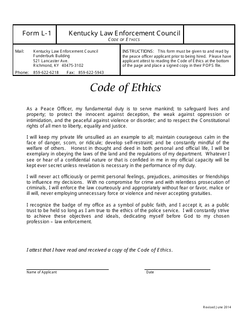 KLEC Form L-1 Peace Officer Code of Ethics - Kentucky