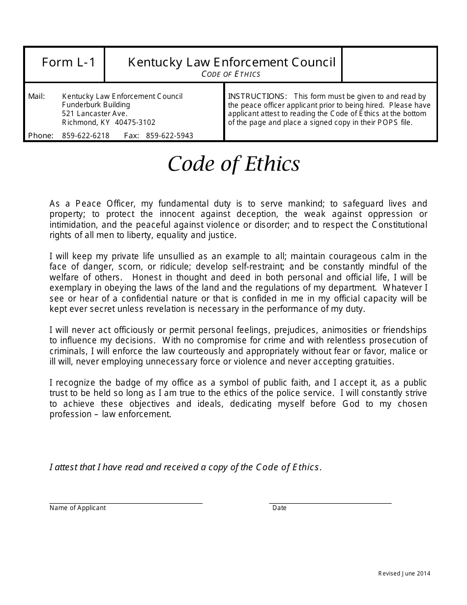 KLEC Form L-1 Peace Officer Code of Ethics - Kentucky, Page 1
