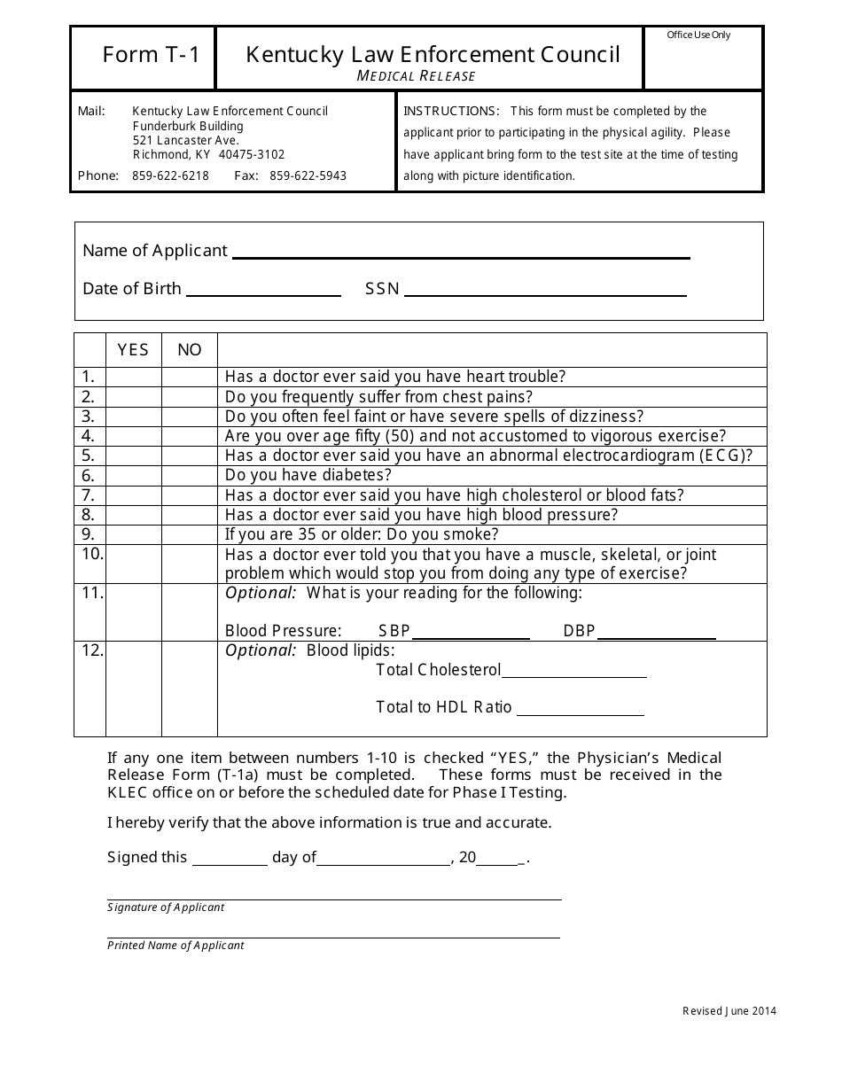 KLEC Form T-1 Medical Release - Kentucky, Page 1