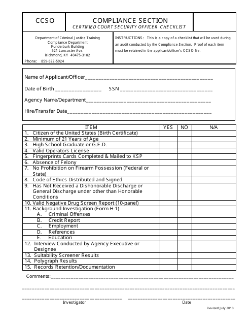 KLEC Form CCSO Certified Court Security Officer Checklist - Kentucky