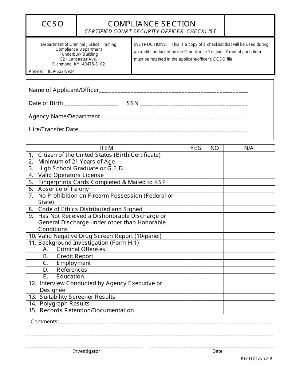 KLEC Form CCSO Certified Court Security Officer Checklist - Kentucky, Page 1