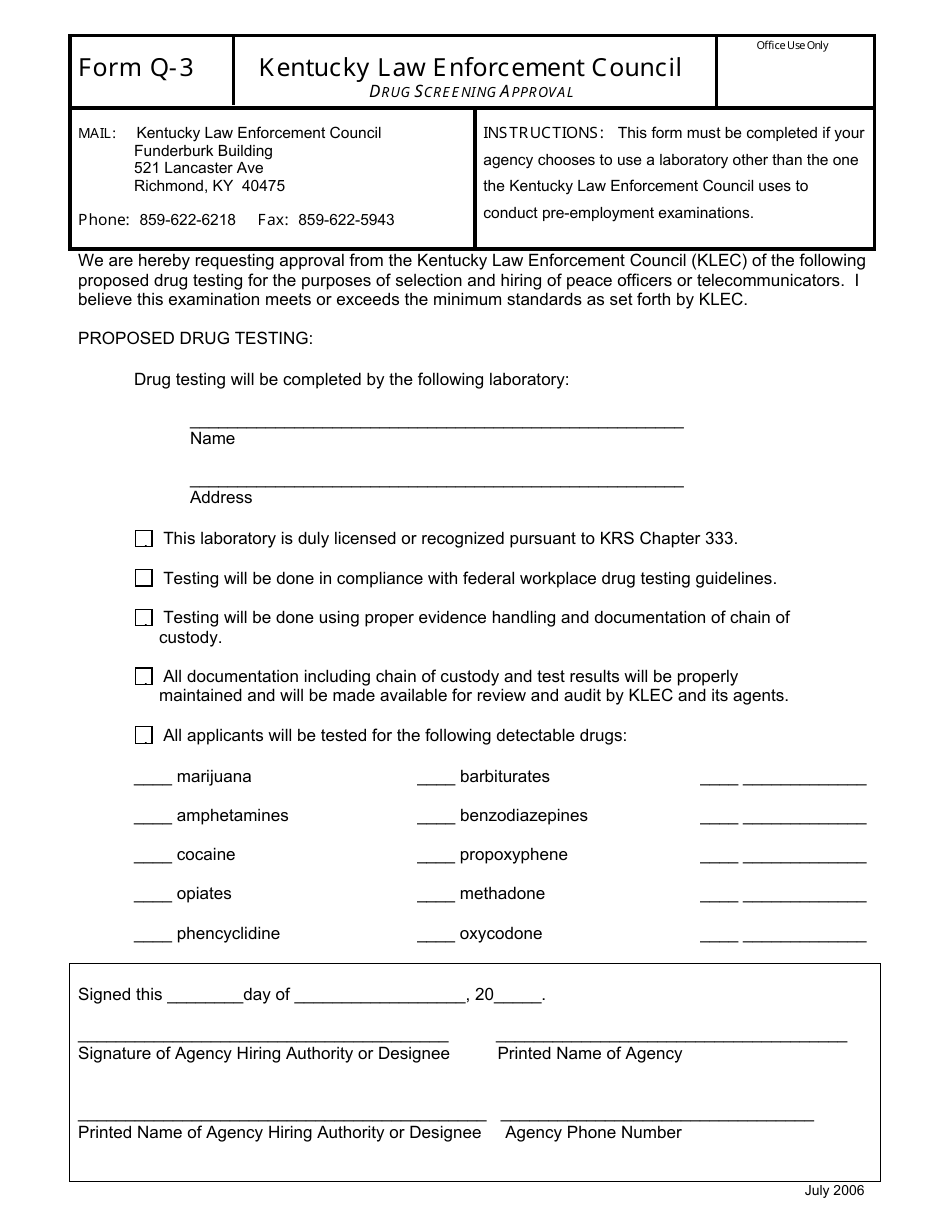 KLEC Form Q-3 Drug Screening Approval - Kentucky, Page 1