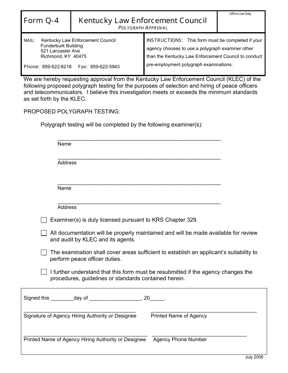 KLEC Form Q-4 Polygraph Approval - Kentucky, Page 1